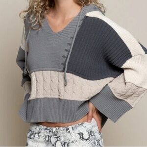 POL Gray and Cream V-Neck Sweater